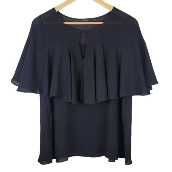 𝅺ann Taylor Ruffle Short Sleeve Blouse Black XS - Picture 1 of 10
